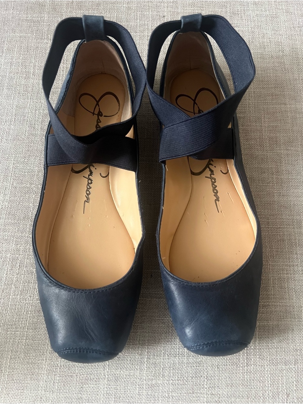 Jessica Simpson Navy Leather Ballet Flats, cross strap, office, casual dressy